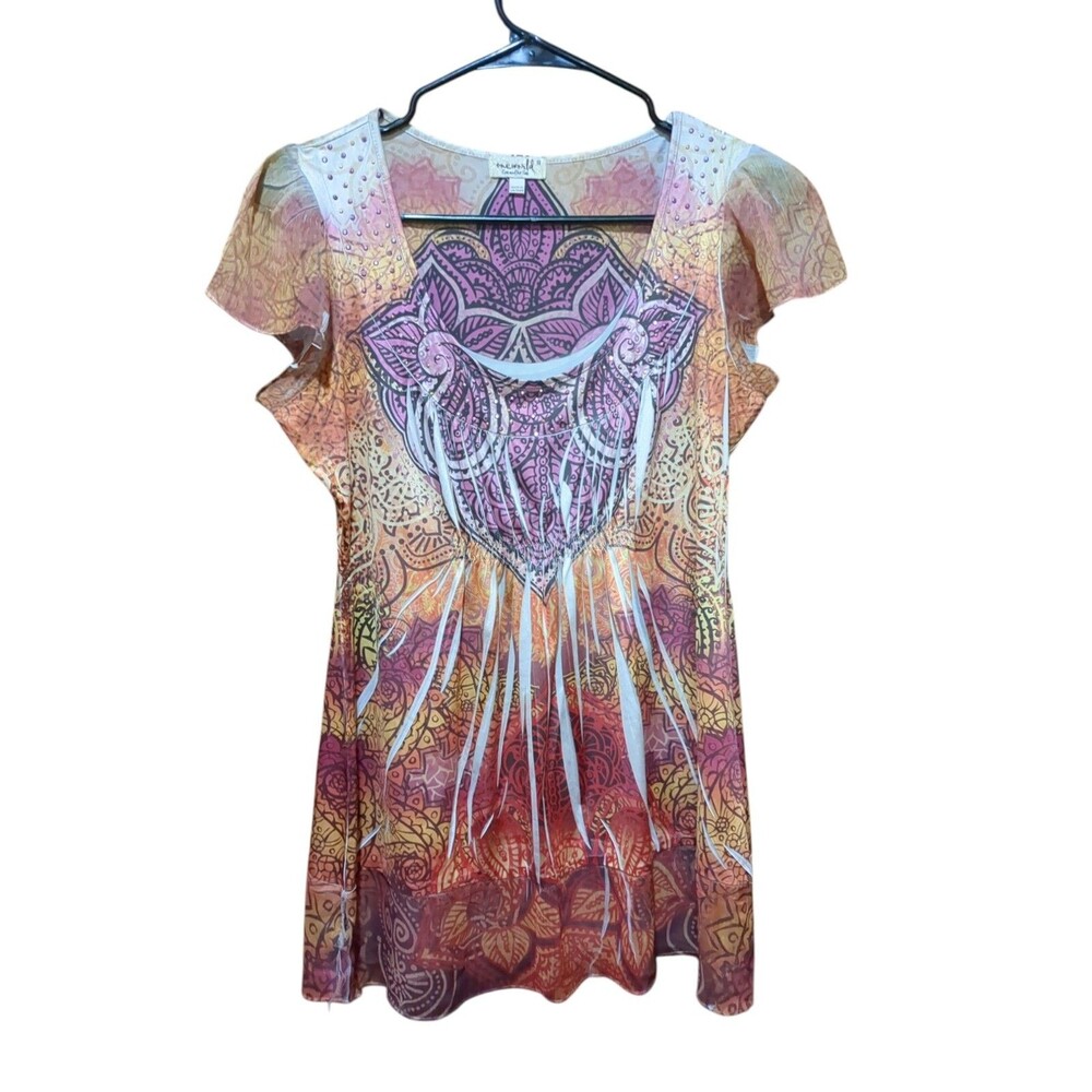 One World-Live & Let Live Multicolor Cap Sleeve Embellished Scoop Neck Women's S